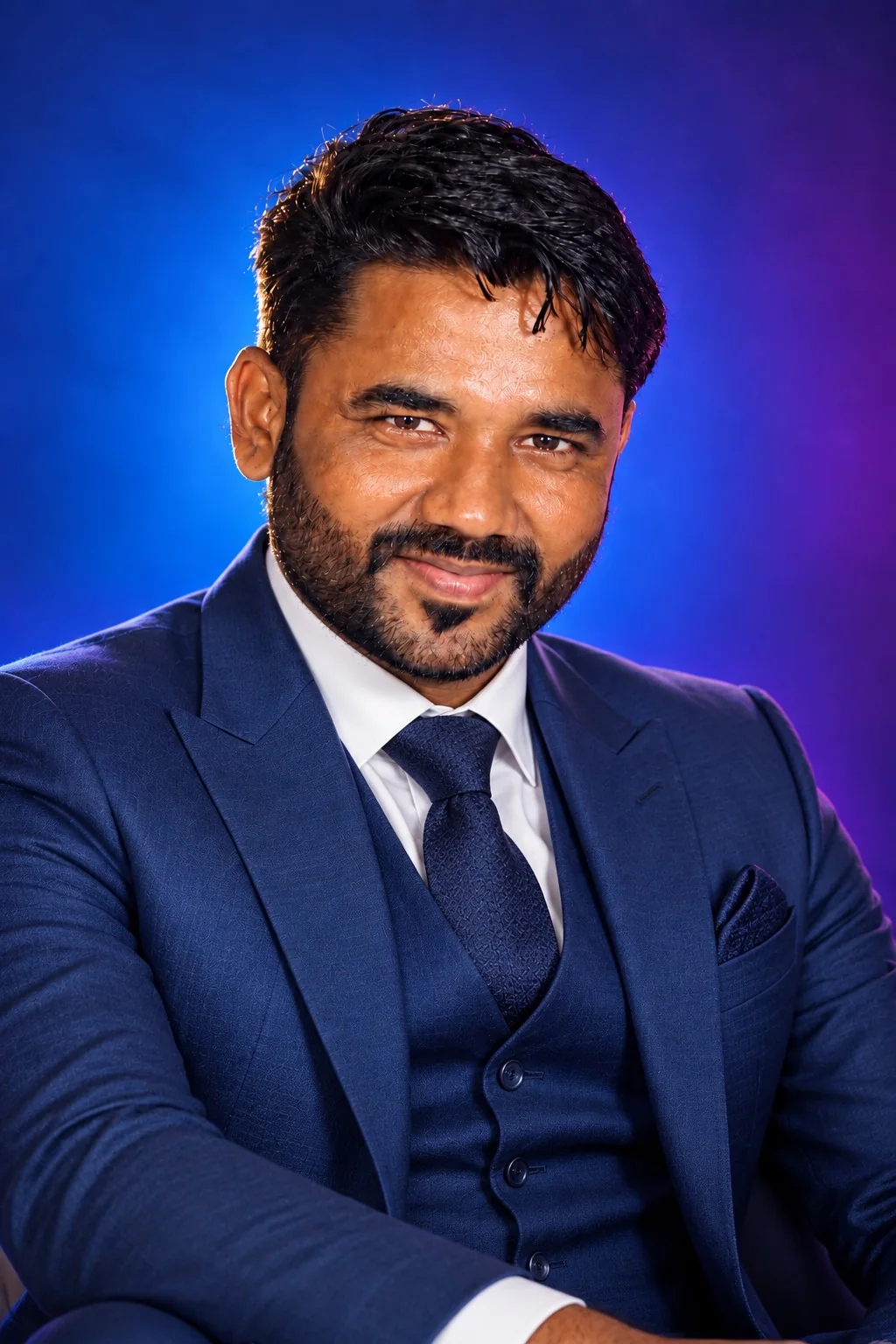 Harshvardhan Dhuture in a blue three-piece suit