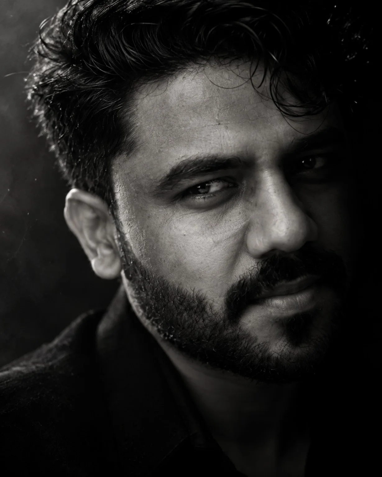 Black and white cinematic close-up