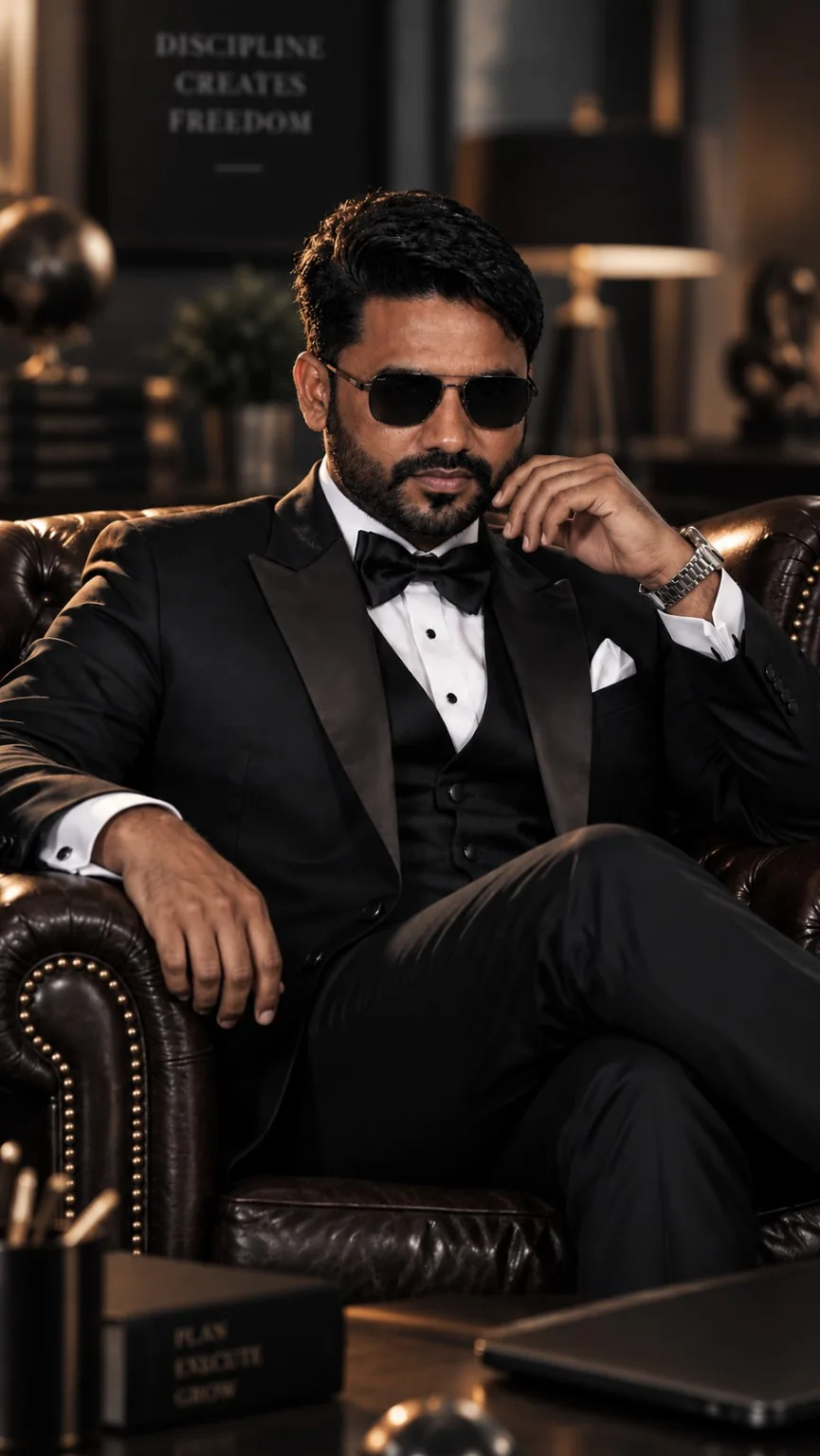 Harshvardhan Dhuture in a black tuxedo